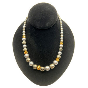 Signed Act II Black & Gray Faux Pearl Beaded Necklace w/ Brass Plated Accents